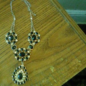 Black plastic gem & faux diamond gold-necklace